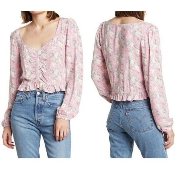 Abound | NWOT Juniors Pink Floral Long Sleeve Ruched Blouse - Size 1X - Picture 1 of 9